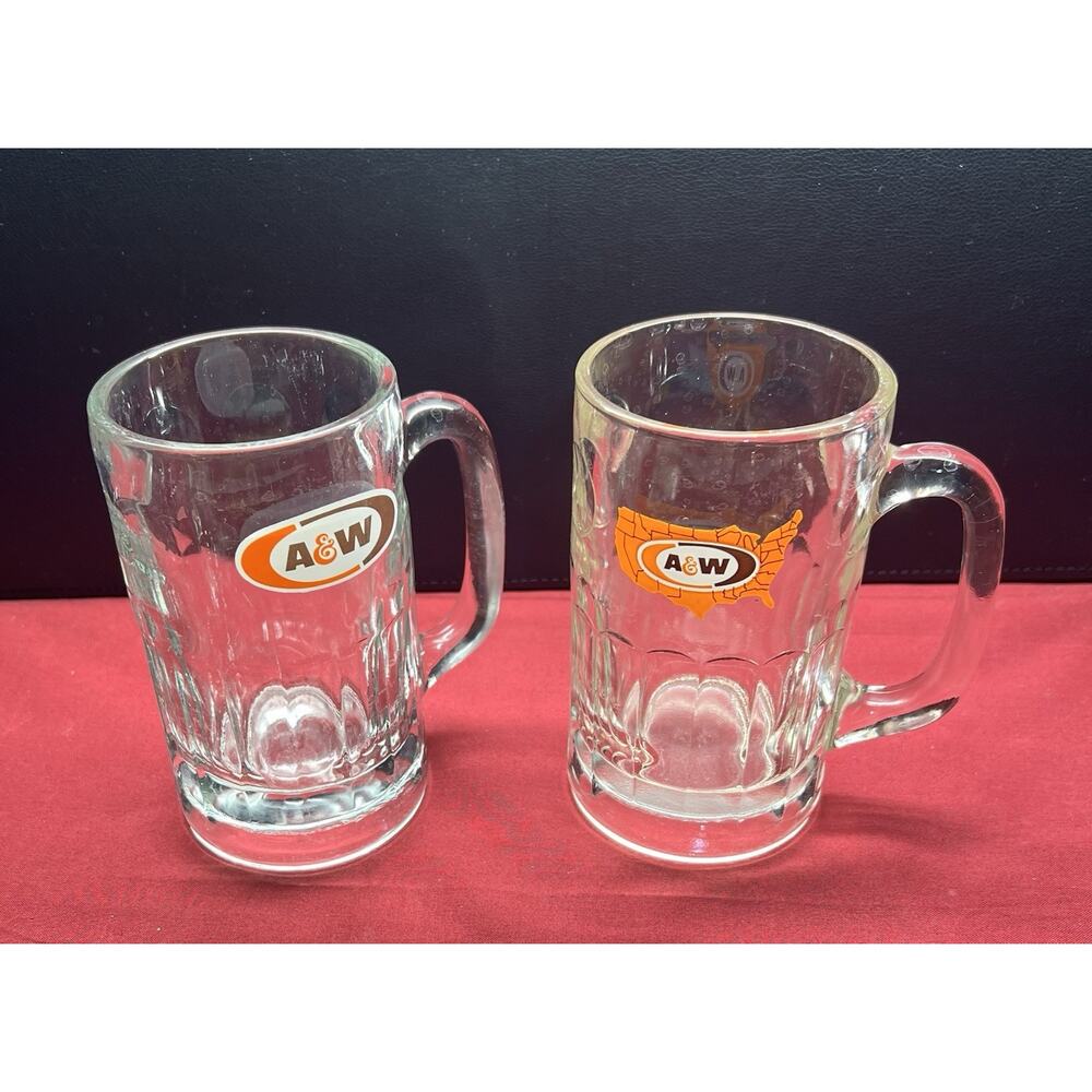 Vintage Set Of‎ 2 A&W Root Beer Soda Mugs 5” Tall Heavy Glass Dimple Sides